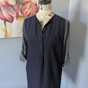 LOFT Navy Shirt dress with Striped Sleeves & Back